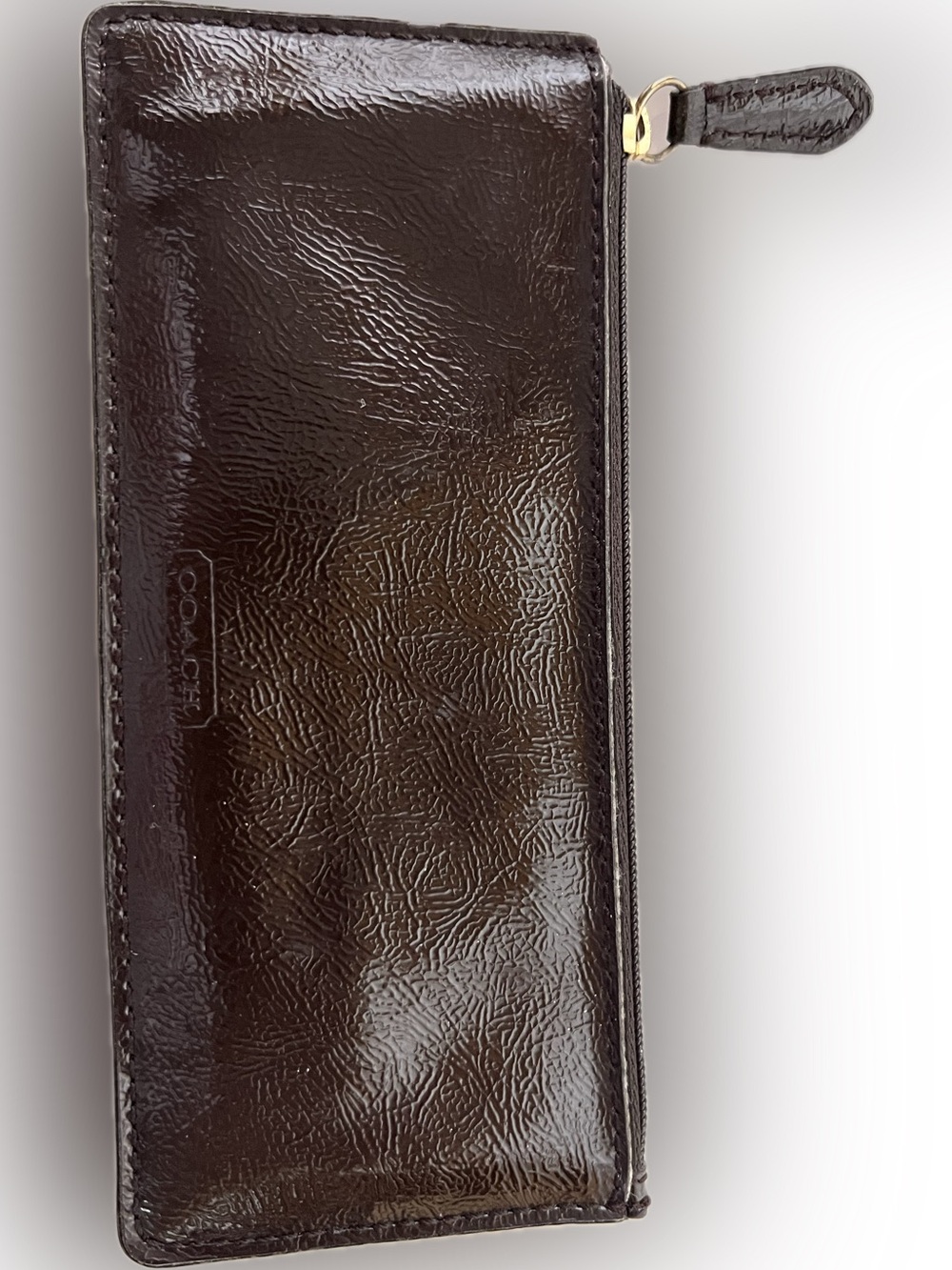 Vtg Coach Brown Glazed Textured Patent Leather Slim Skinny Case Pen Pouch Zip